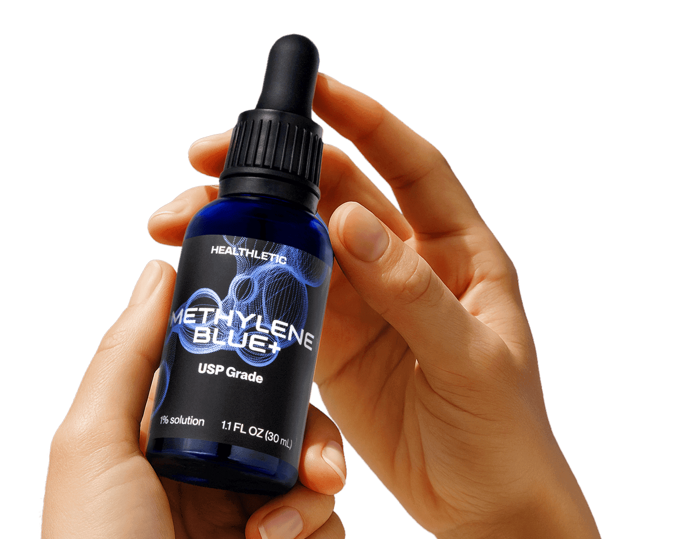 Hands holding the Healthletic Methylene Blue bottle