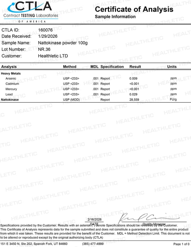 Ultimate Nattokinase certificate of analysis