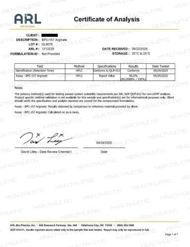 Unlike competitors, we proudly prove our product is based on Arginine version specialized version of BPC 157 designed to maximize absorption and bioavailability, which is 99.9% Oral Bio Available. Click the image below to see our 3rd party lab test results.